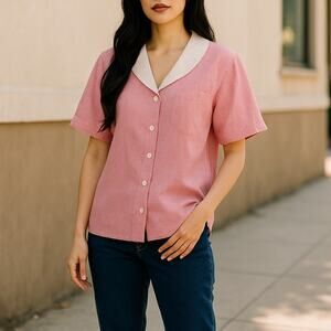 Ralph Lauren Red Vintage 1980s White Striped Cotton Button Down Blouse
